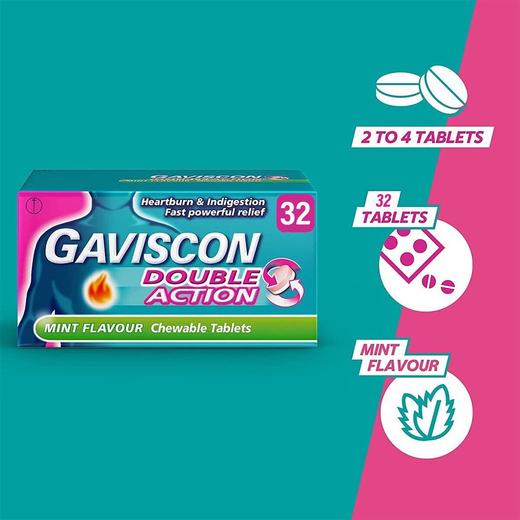 Gaviscon, Double Action Chewable Tablets Mint Flavour, Relief for indigestion and heartburn, 32 tablets