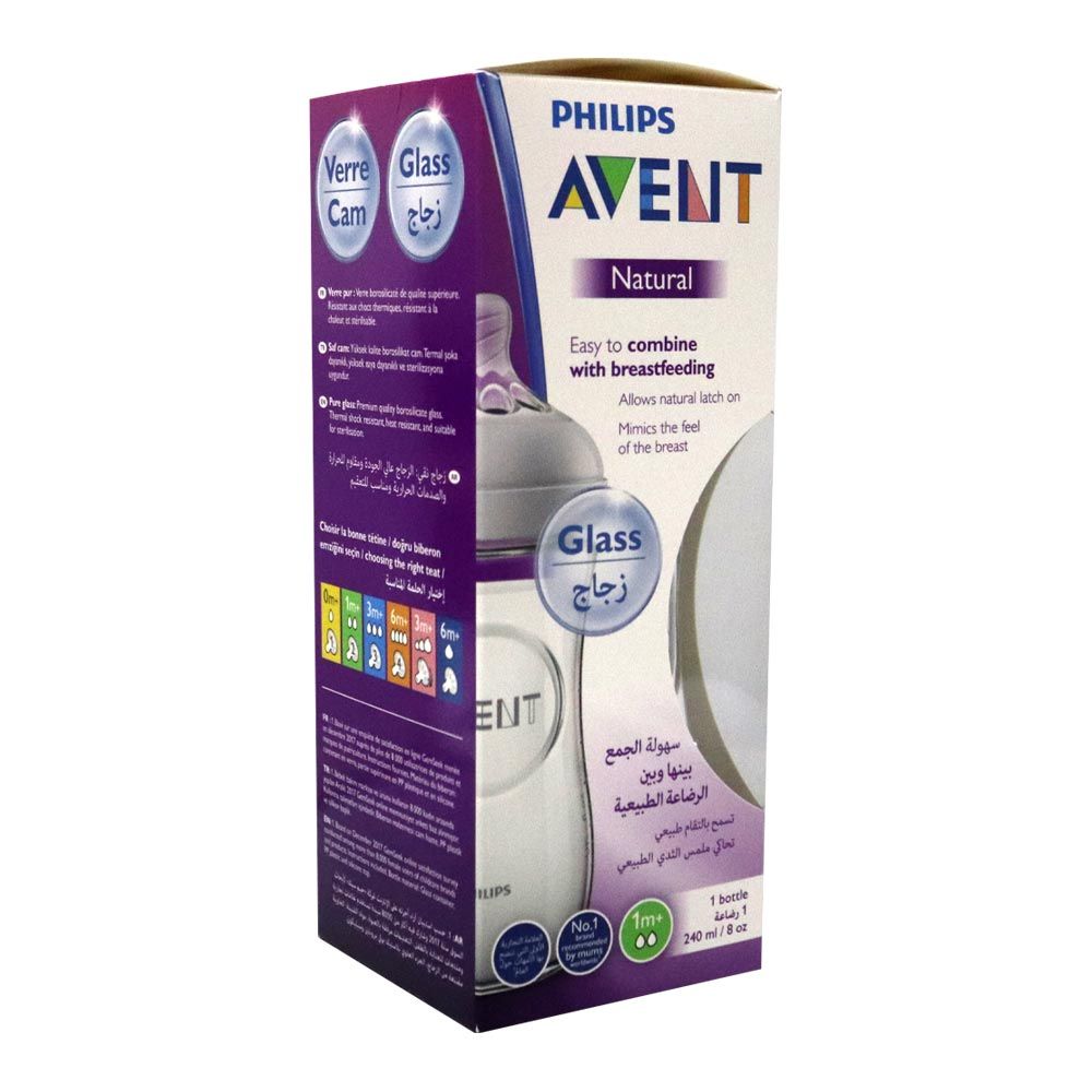 Philips Avent, Natural 2.0 glass bottle, Durable glass feeding bottle with anti-colic nipple, 240 ml