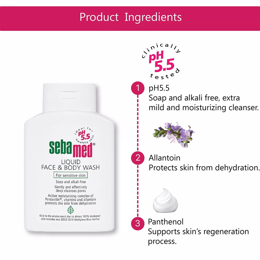Sebamed, Liquid face and body wash, Gentle cleanser for sensitive skin, 200ml