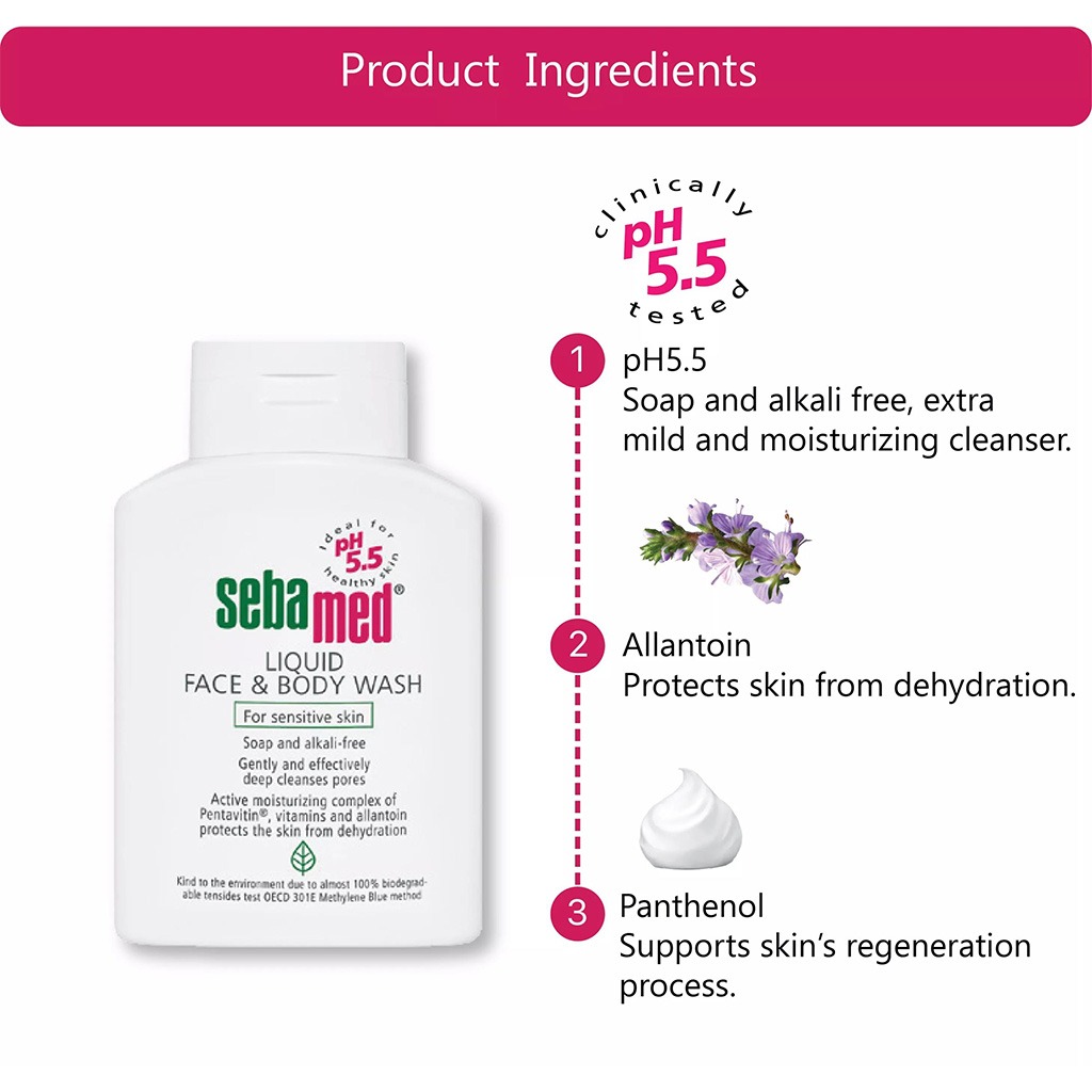 Sebamed, Liquid face and body wash, Gentle cleanser for sensitive skin, 200ml