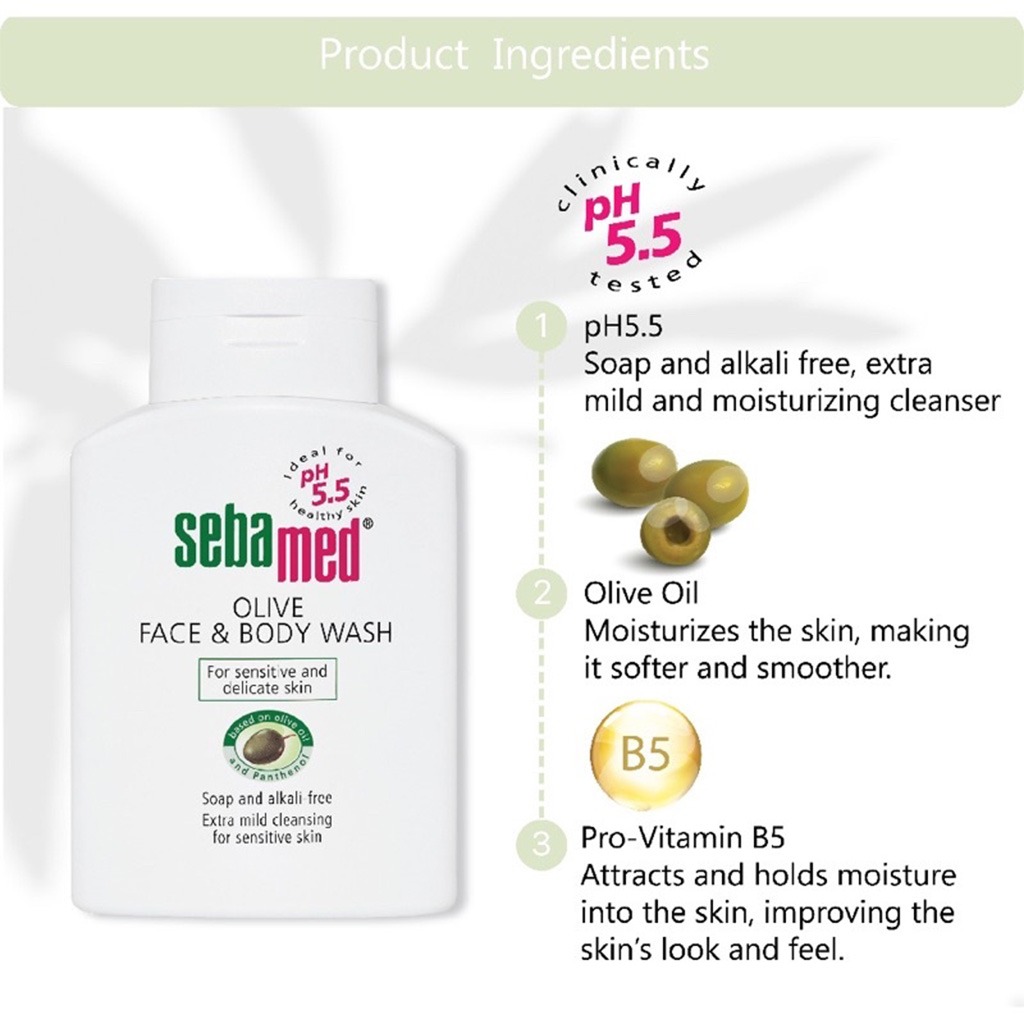 Sebamed, Olive Face & Body Wash, Gentle cleansing wash with olive extract for face and body, 200ml