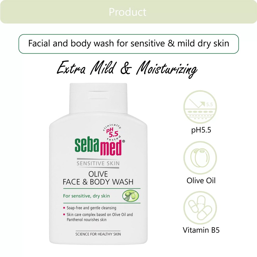 Sebamed, Olive Face & Body Wash, Gentle cleansing wash with olive extract for face and body, 200ml