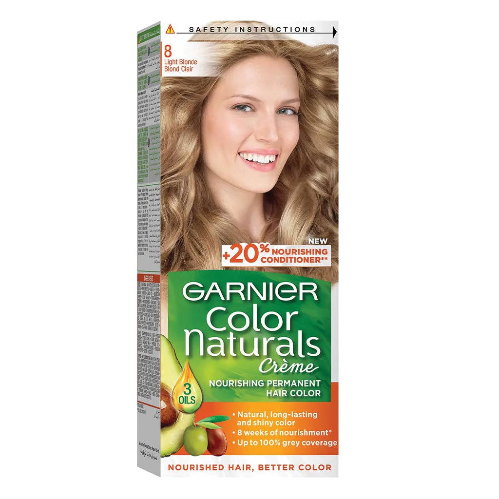 Garnier, Color Naturals Cream Hair Color 8 Light Blonde Kit, Nourishing permanent hair dye kit for light blonde
