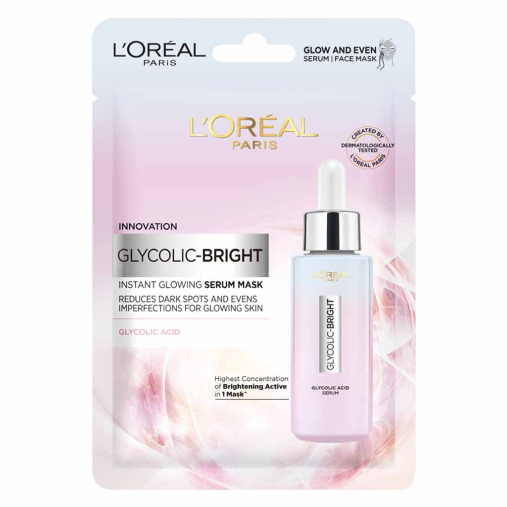 L’Oréal Paris, Glycolic Bright Instant Serum Tissue Mask, Brightening exfoliating facial mask