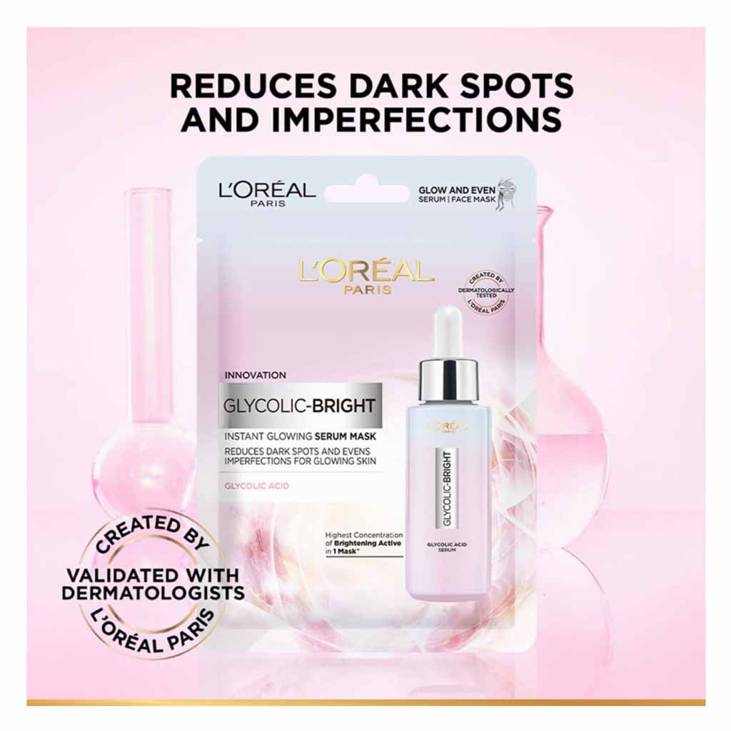 L’Oréal Paris, Glycolic Bright Instant Serum Tissue Mask, Brightening exfoliating facial mask