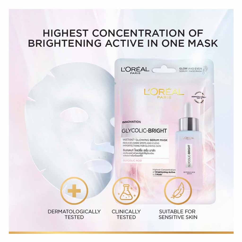 L’Oréal Paris, Glycolic Bright Instant Serum Tissue Mask, Brightening exfoliating facial mask