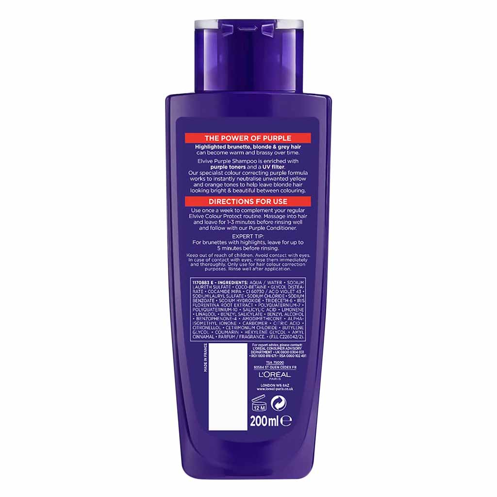 L’Oréal Paris, Elvive Colour Protect Antibrassiness Purple Shampoo, Shampoo to protect color and neutralize brassiness, 200ml