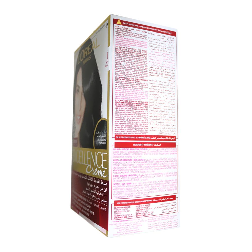 L'Oréal Paris, Excellence Cream Hair Color 1 Black, Permanent hair color for full coverage, cream