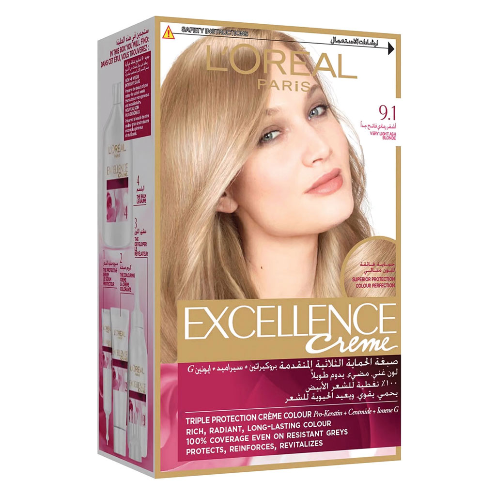 L'Oréal Paris, Excellence Cream Hair Color 91 Very Light Ash Blonde, Permanent hair color with very light ash blonde tone, cream