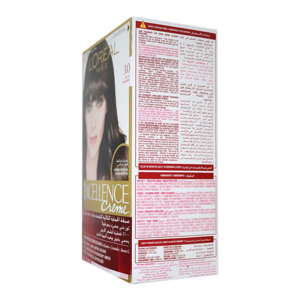 L'Oréal, Excellence Hair Color HC 30 Dark Brown, Permanent hair color for rich dark brown shade, cream