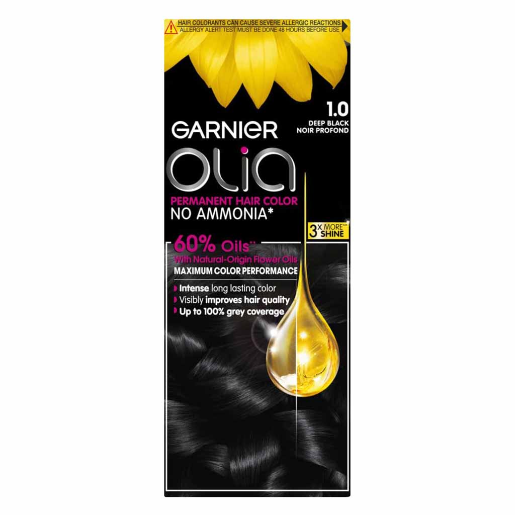 Garnier, Olia No Ammonia Permanent Hair Color, Ammonia-free permanent hair color for deep black shade, 10 deep black