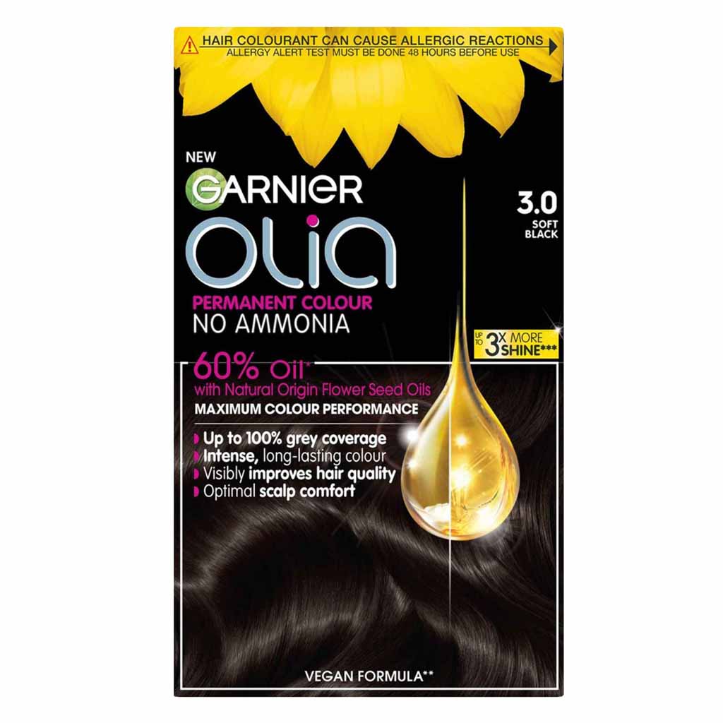 Garnier Olia, No Ammonia Permanent Hair Color 30 Soft Black, Ammonia-free permanent hair dye for soft black color