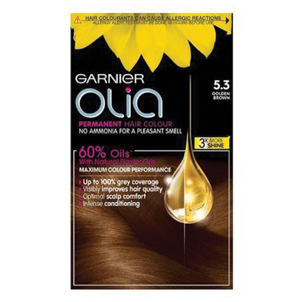 Garnier, Olia No Ammonia Permanent Hair Color 53 Golden Brown, Ammonia-free permanent hair dye for warm golden brown shades, 60ml