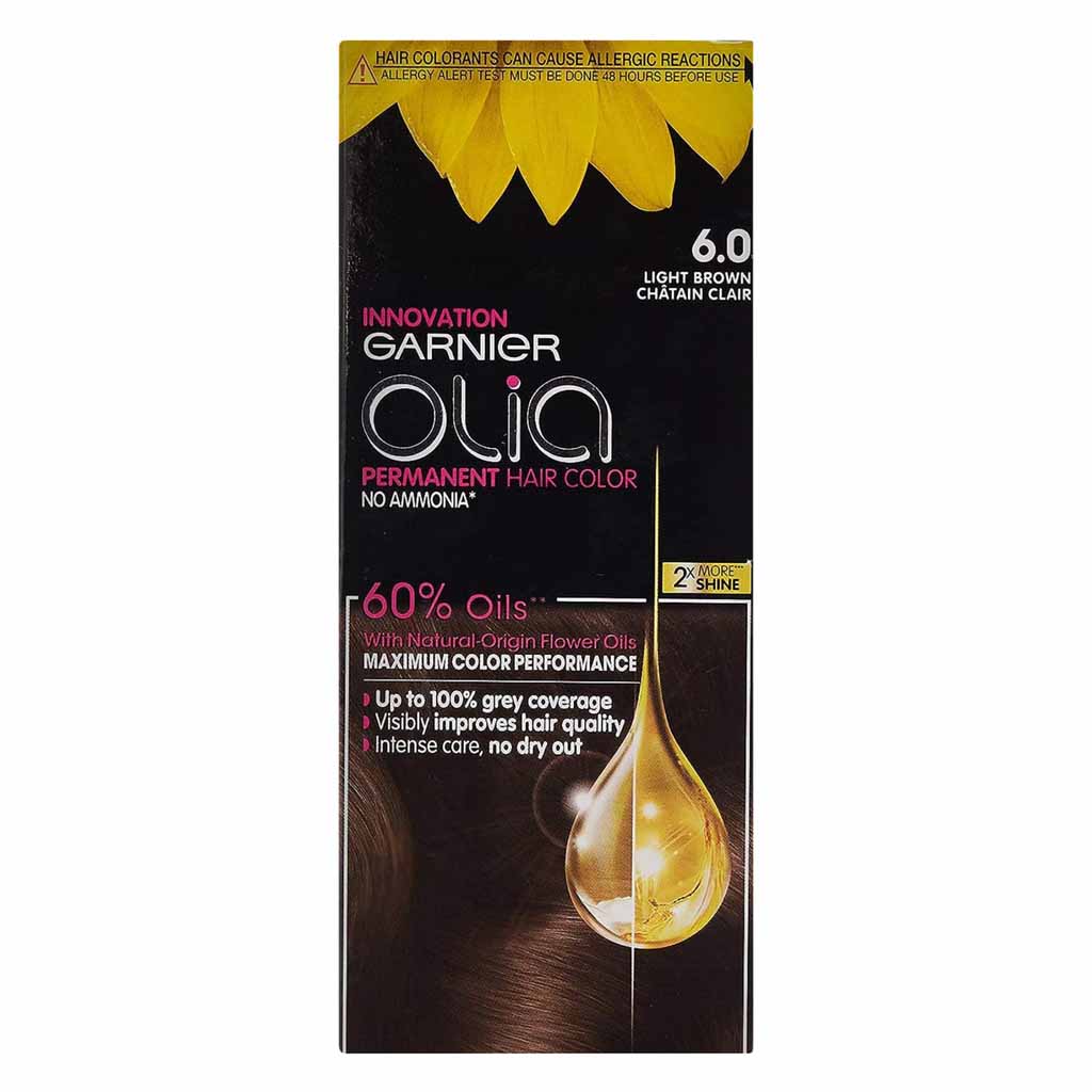 Garnier, Olia No Ammonia Permanent Hair Color 60 Light Brown, Ammonia-free permanent hair dye for natural light brown color, 60ml