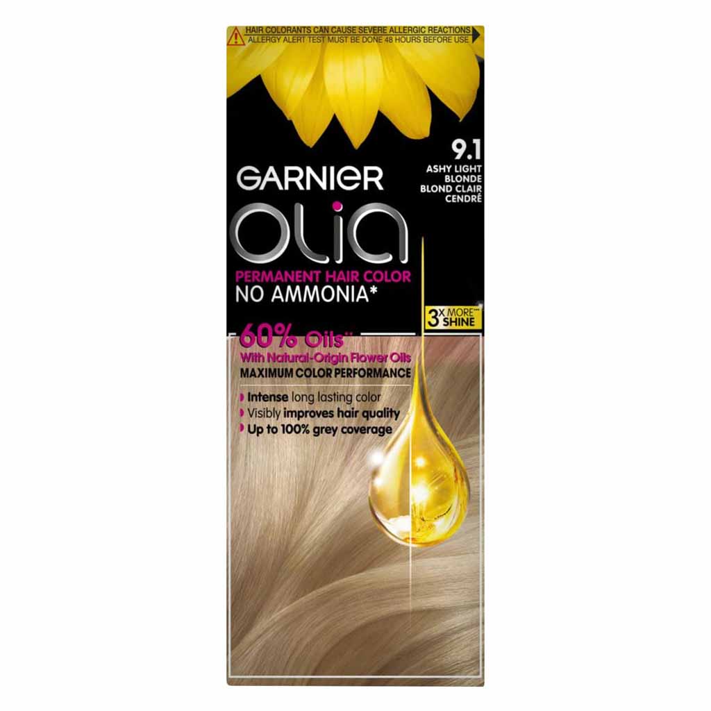 Garnier, Olia No Ammonia Permanent Hair Color 91 Ashy Light Blonde, Ammonia-free permanent hair dye for natural looking blonde, 60ml