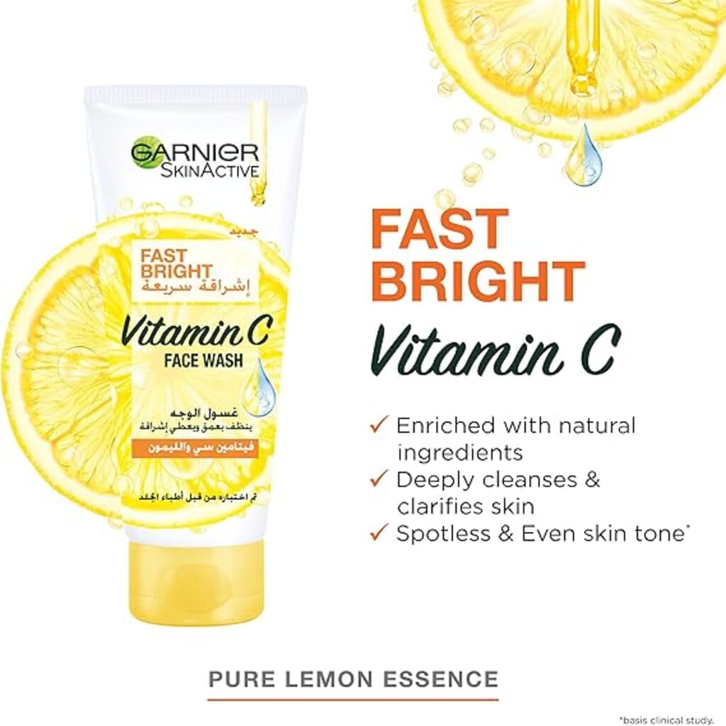 Garnier, SkinActive Fast Bright Face Wash Pure Lemon Essence, Brightening facial cleanser with lemon essence, 100ml