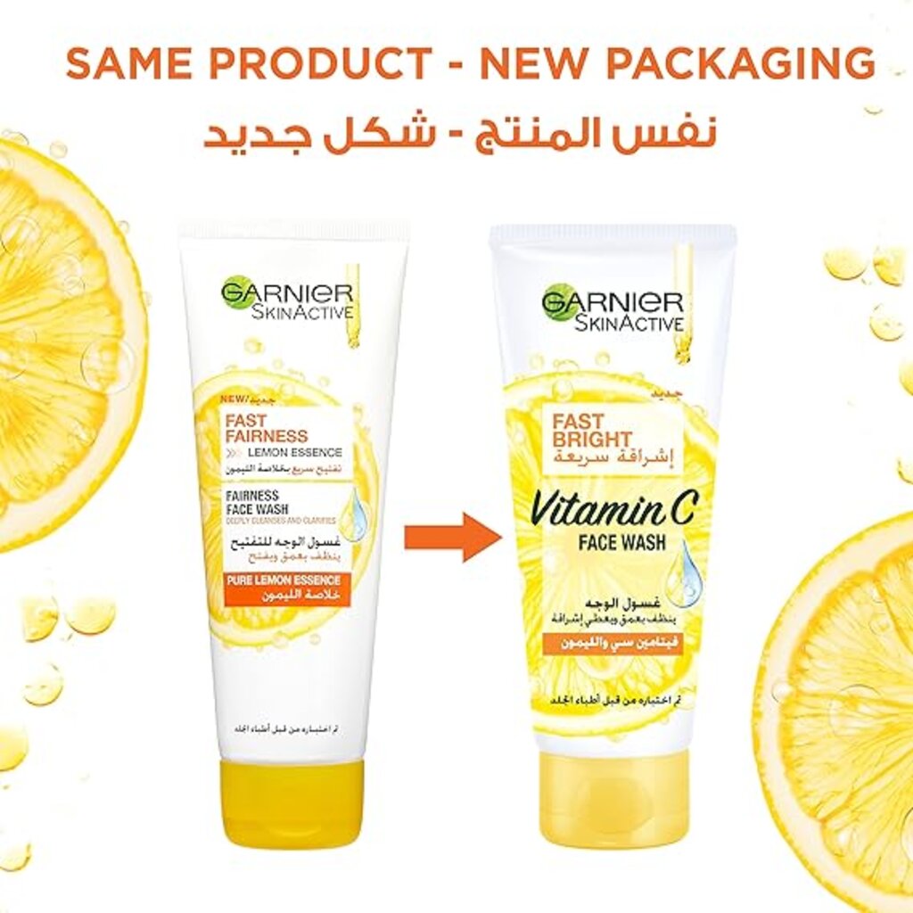 Garnier, SkinActive Fast Bright Face Wash Pure Lemon Essence, Brightening facial cleanser with lemon essence, 100ml