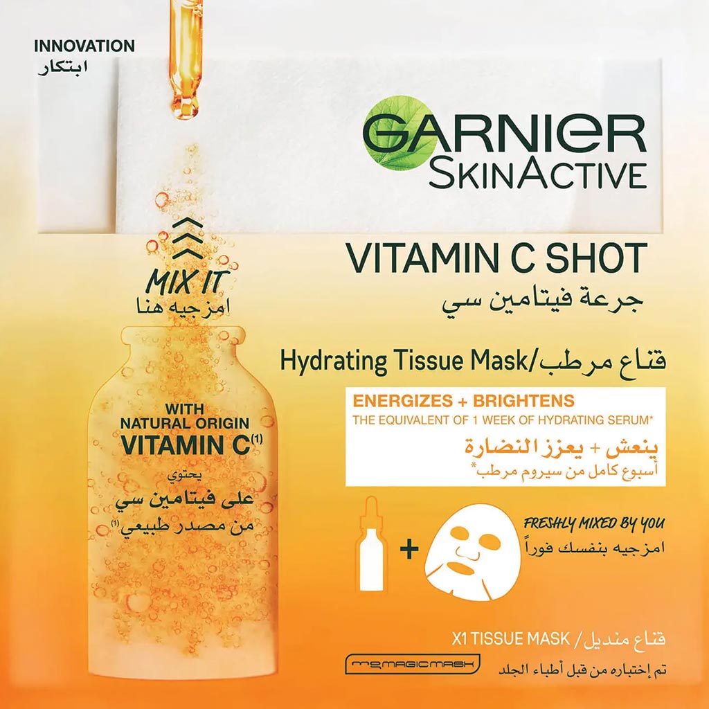 Garnier SkinActive, Vitamin C Shot Fresh-Mix Hydrating Tissue Mask, Brightening hydrating facial mask, single sheet
