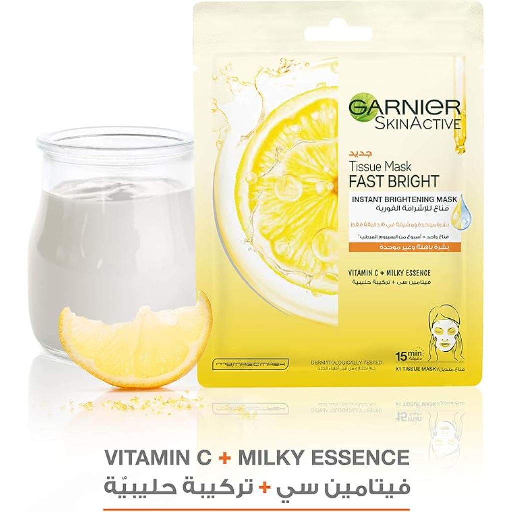 Garnier Skin Active, Tissue Mask Fast Bright Vitamin C, Brightening face mask with milky essence