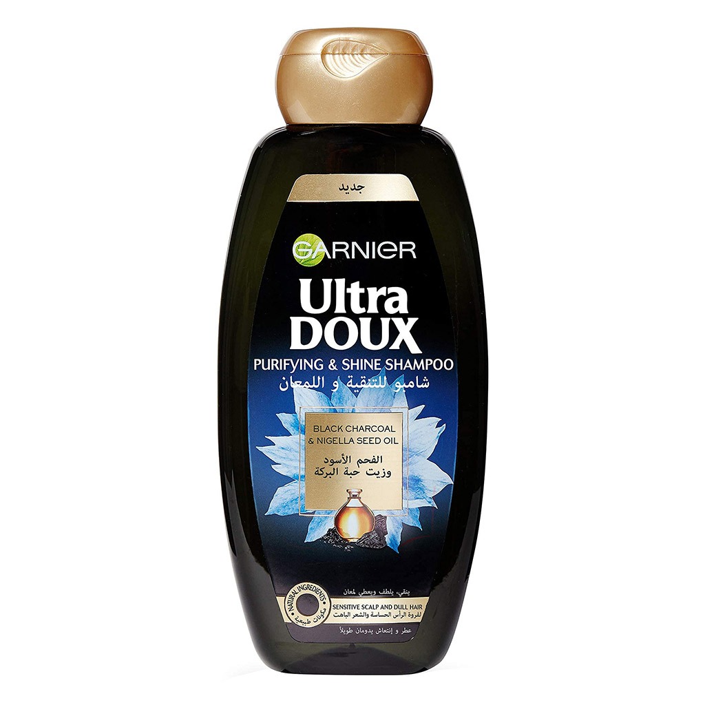 Garnier Ultra Doux, Black Charcoal and Nigella Seed Oil Purifying & Shine Shampoo, Purifying shampoo for sensitive scalp and dull hair, 200ml