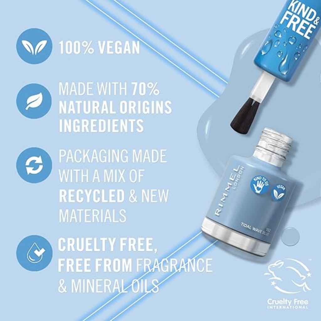 Rimmel, Kind & Free Nail Polish, Cruelty-free vibrant nail colour, 152 tidal wave blue