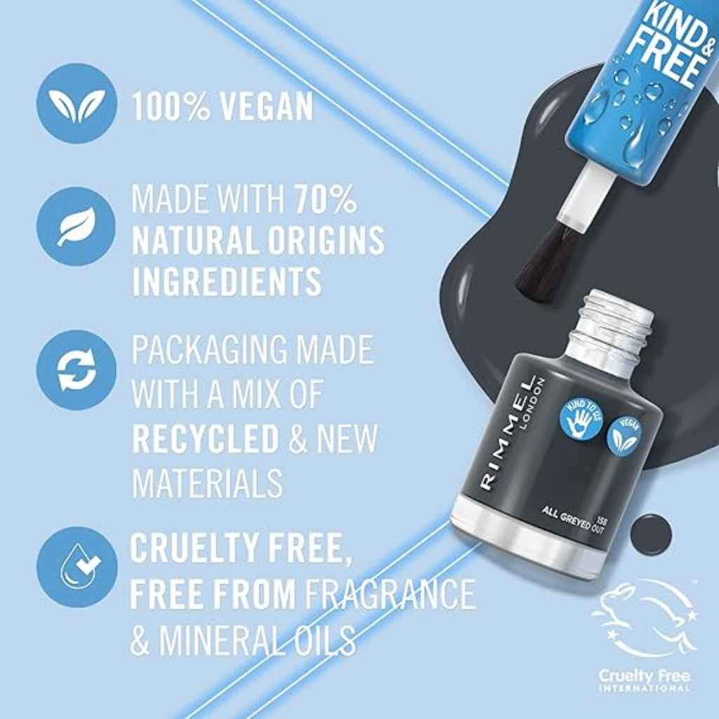 Rimmel, Kind & Free Nail Polish All Greyed Out 158, Cruelty-free long-lasting nail polish