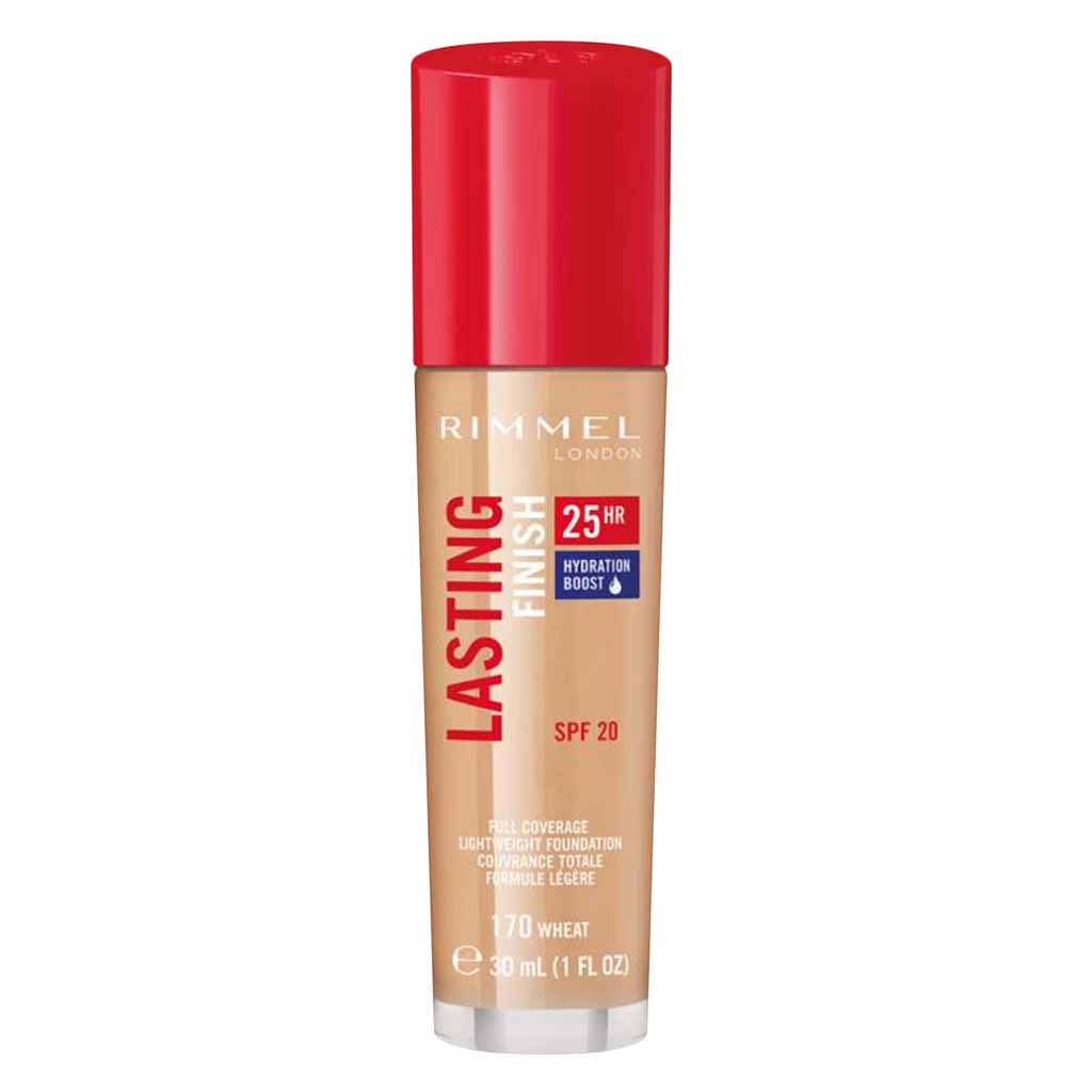 Rimmel London, Lasting Finish 25Hr Full Coverage Lightweight Foundation SPF 20, Long-lasting lightweight foundation with full coverage, 30ml, 170 Wheat