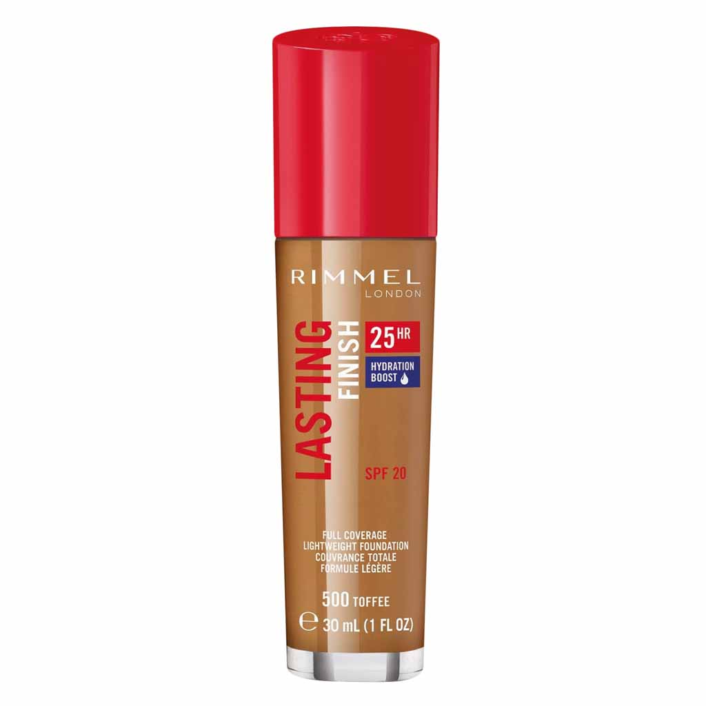 Rimmel London, Lasting Finish 25Hr Full Coverage Lightweight Foundation SPF 20, Long-lasting lightweight foundation with sun protection, 30ml, 500 Toffee