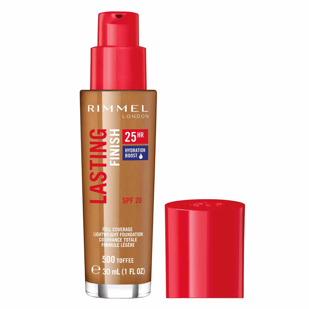 Rimmel London, Lasting Finish 25Hr Full Coverage Lightweight Foundation SPF 20, Long-lasting lightweight foundation with sun protection, 30ml, 500 Toffee
