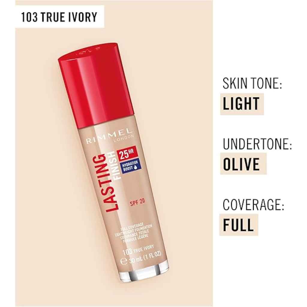 Rimmel, Lasting Finish Foundation Red Cap 103 True Ivory, Long-lasting liquid foundation with natural finish