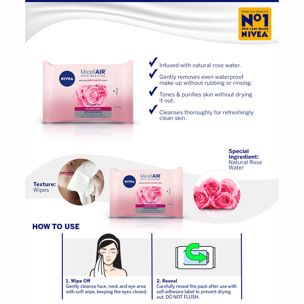 Nivea Micellair Skin Breathe Micellar Rose Water Wipes, Pack of 25's