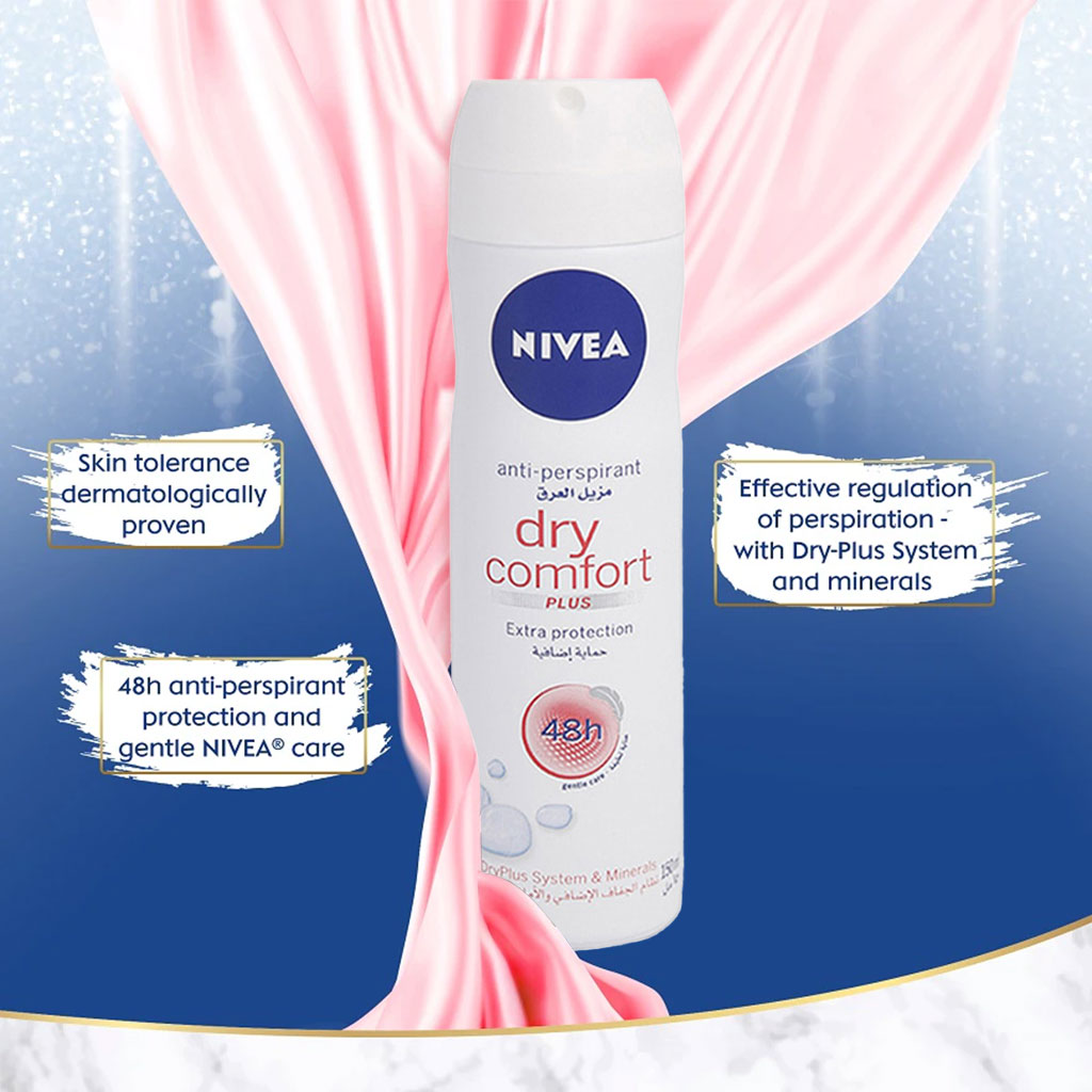 Nivea, Dry Comfort Plus Antiperspirant Spray, Long-lasting sweat protection and fresh scent, 150ml