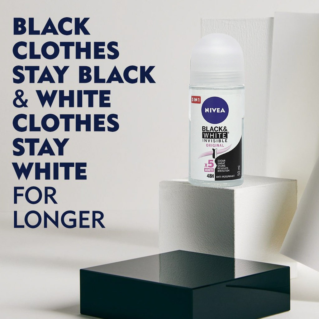 Nivea, Invisible Black & White Original Roll-On, Antiperspirant roll-on preventing white marks, 50ml