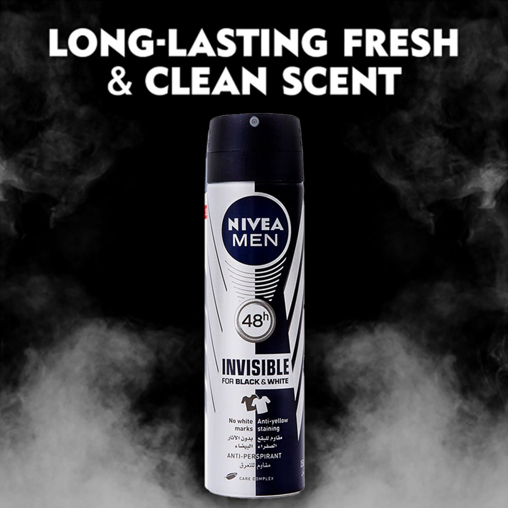 Nivea Men, Invisible for Black and White Deodorant Spray, Anti-stain long-lasting deodorant, 150 ml
