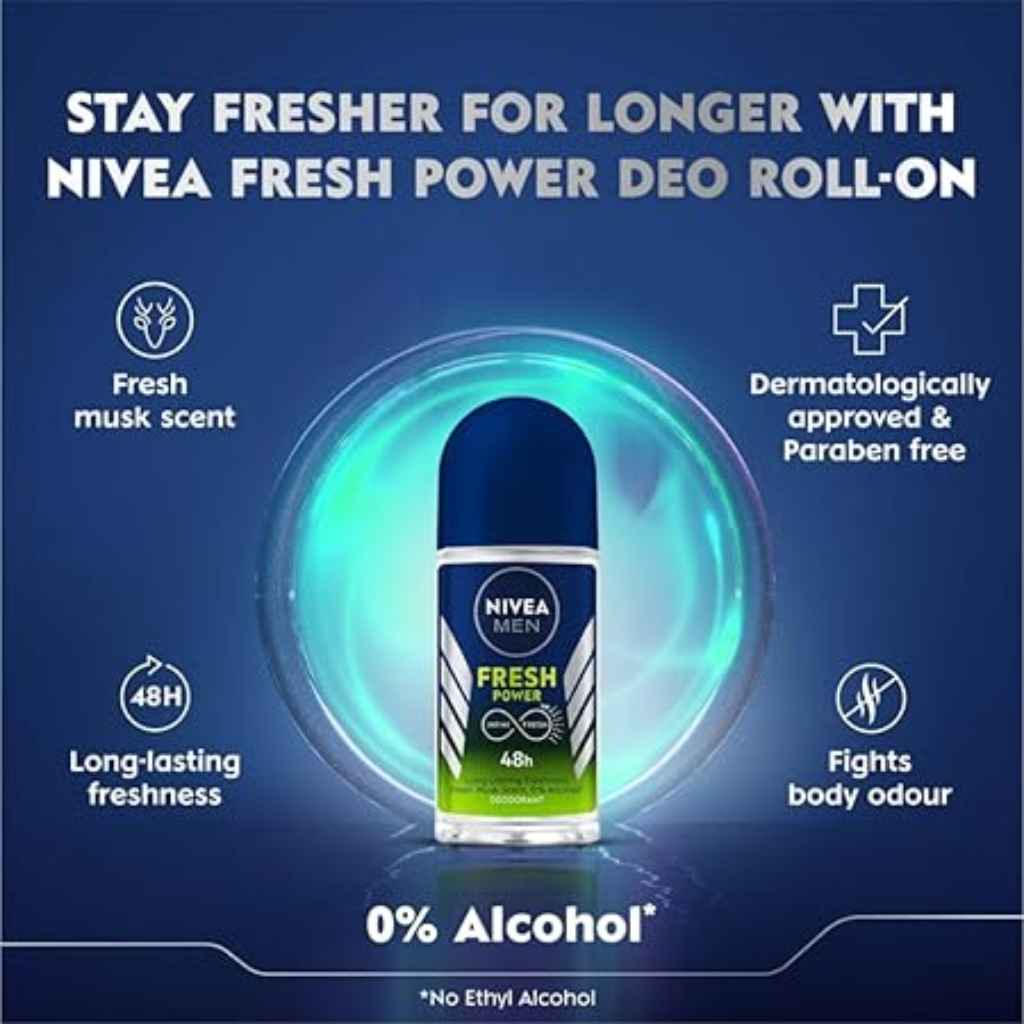 Nivea Men, Fresh Power Roll-On Deodorant, Energizing deodorant for active men, 50ml