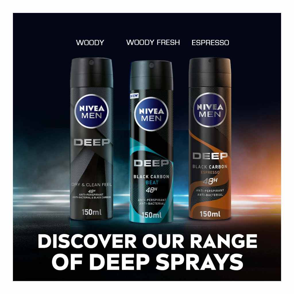 Nivea, Antiperspirant Spray Deep Black Carbon Espresso, Intense deodorant spray for men, 150ml