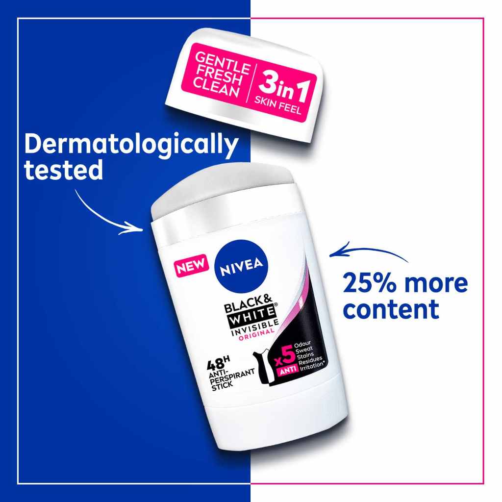 Nivea, Antiperspirant Stick Black & White, Women's antiperspirant stick preventing white marks, 50ml