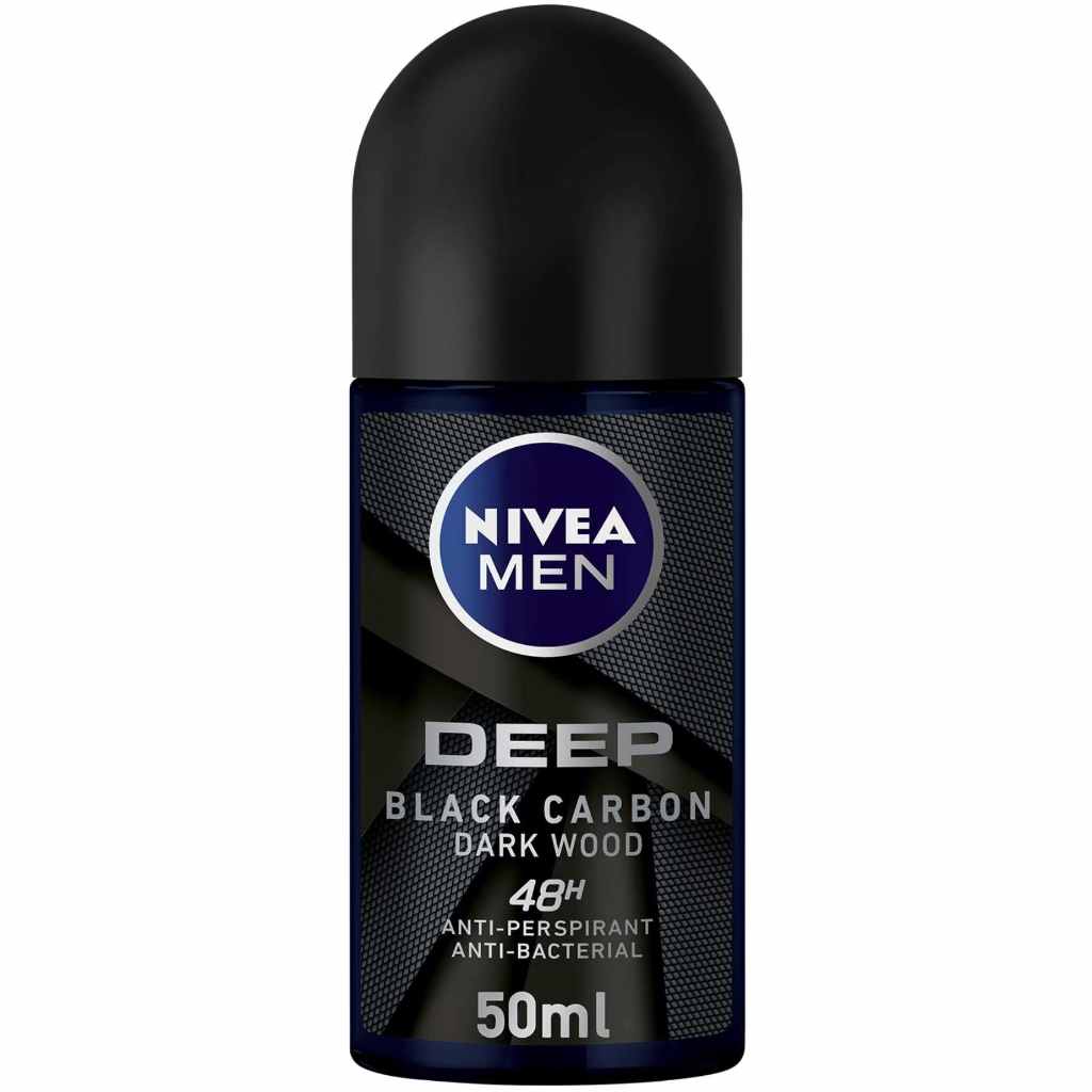 Nivea Men, Antiperspirant Roll-On Deep Black Carbon Dark Wood, Long-lasting protection with masculine scent, 50ml