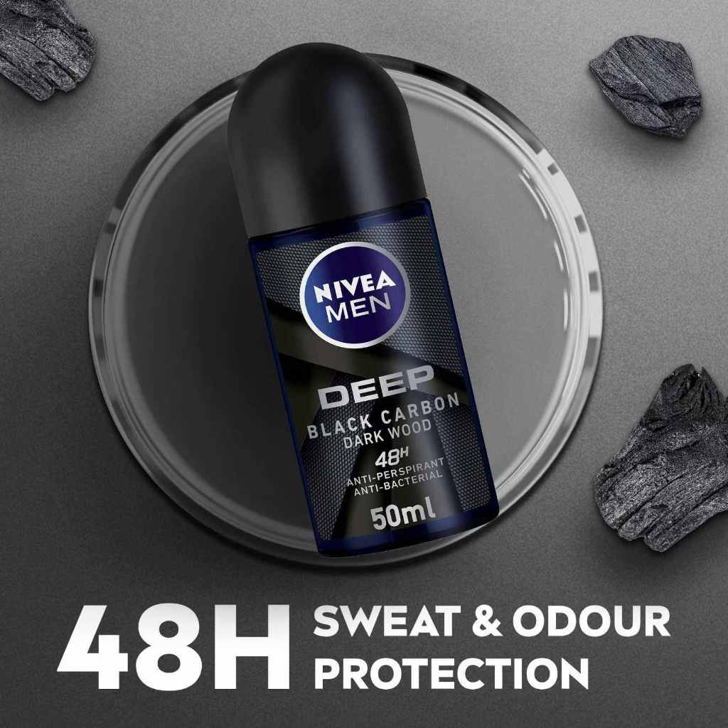 Nivea Men, Antiperspirant Roll-On Deep Black Carbon Dark Wood, Long-lasting protection with masculine scent, 50ml