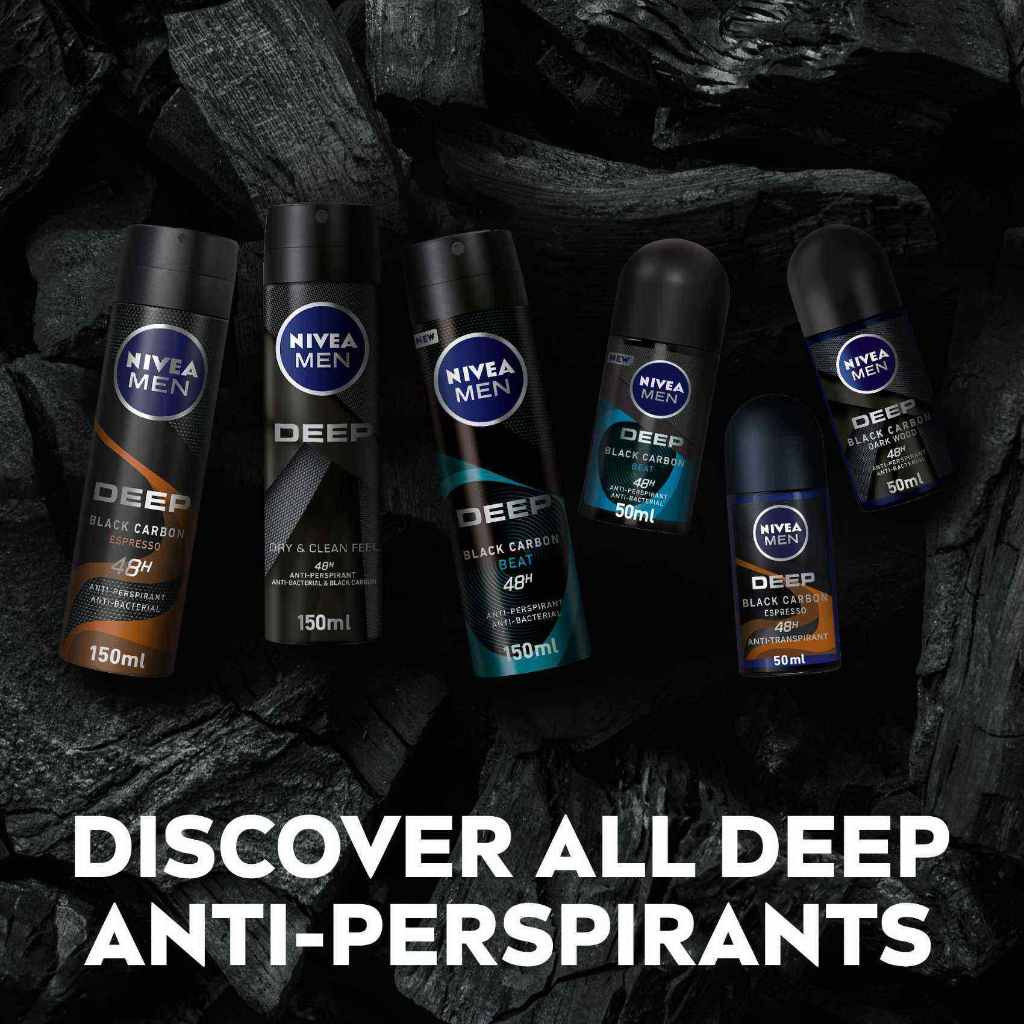 Nivea Men, Antiperspirant Roll-On Deep Black Carbon Dark Wood, Long-lasting protection with masculine scent, 50ml