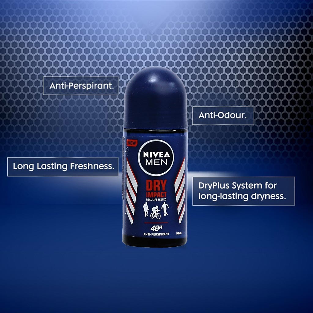 Nivea Men, Dry Impact Plus Antiperspirant Roll-On, Extra dry protection for men, 50ml