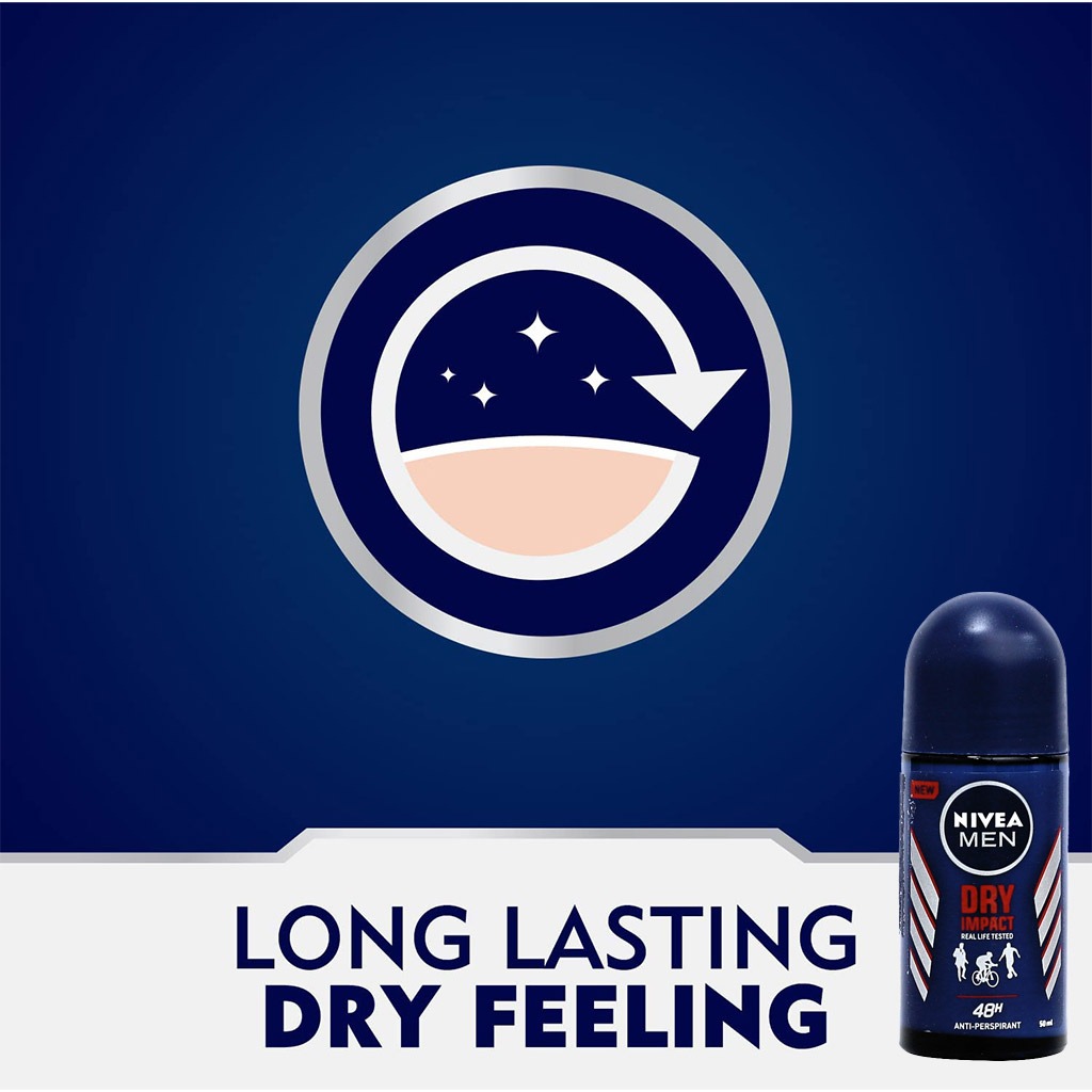 Nivea Men, Dry Impact Plus Antiperspirant Roll-On, Extra dry protection for men, 50ml