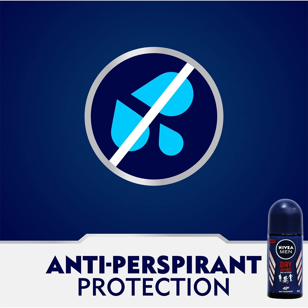 Nivea Men, Dry Impact Plus Antiperspirant Roll-On, Extra dry protection for men, 50ml