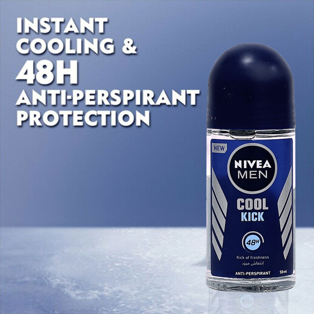 Nivea Men, Cool Kick Antiperspirant Roll-On, Cooling sweat and odor protection roll-on, 50ml