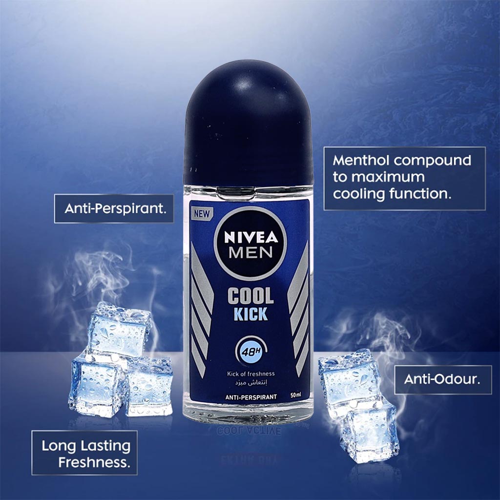 Nivea Men, Cool Kick Antiperspirant Roll-On, Cooling sweat and odor protection roll-on, 50ml