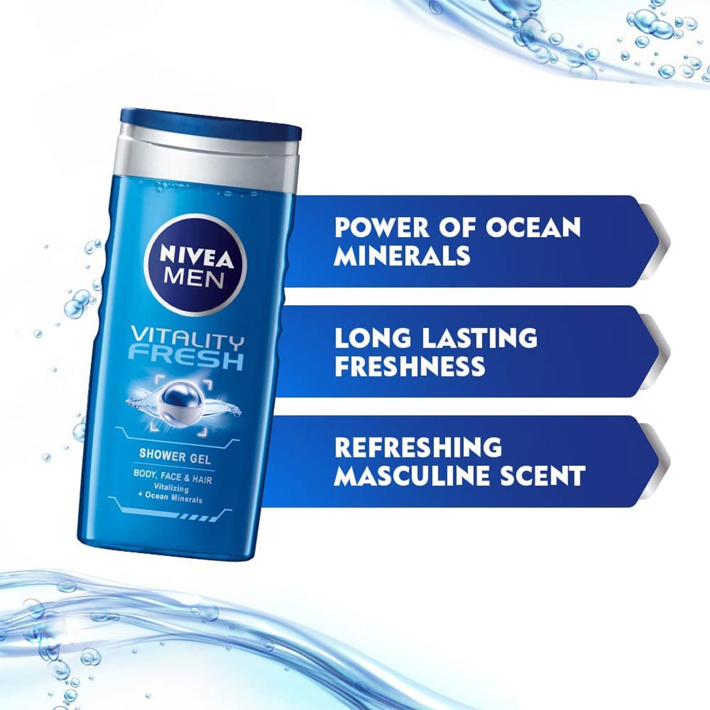 Nivea Men, Vitality Fresh Shower Gel, Energizing shower gel for men, 250ml
