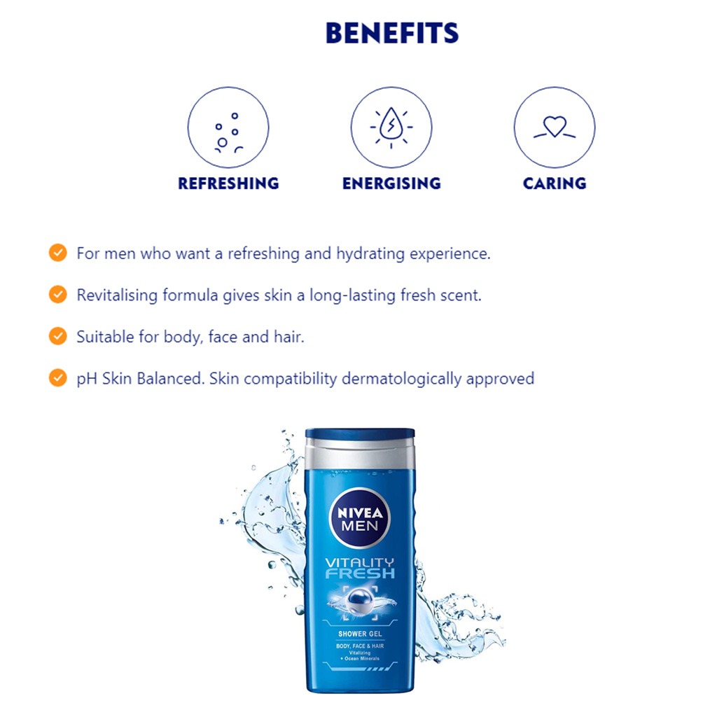 Nivea Men, Vitality Fresh Shower Gel, Energizing shower gel for men, 250ml