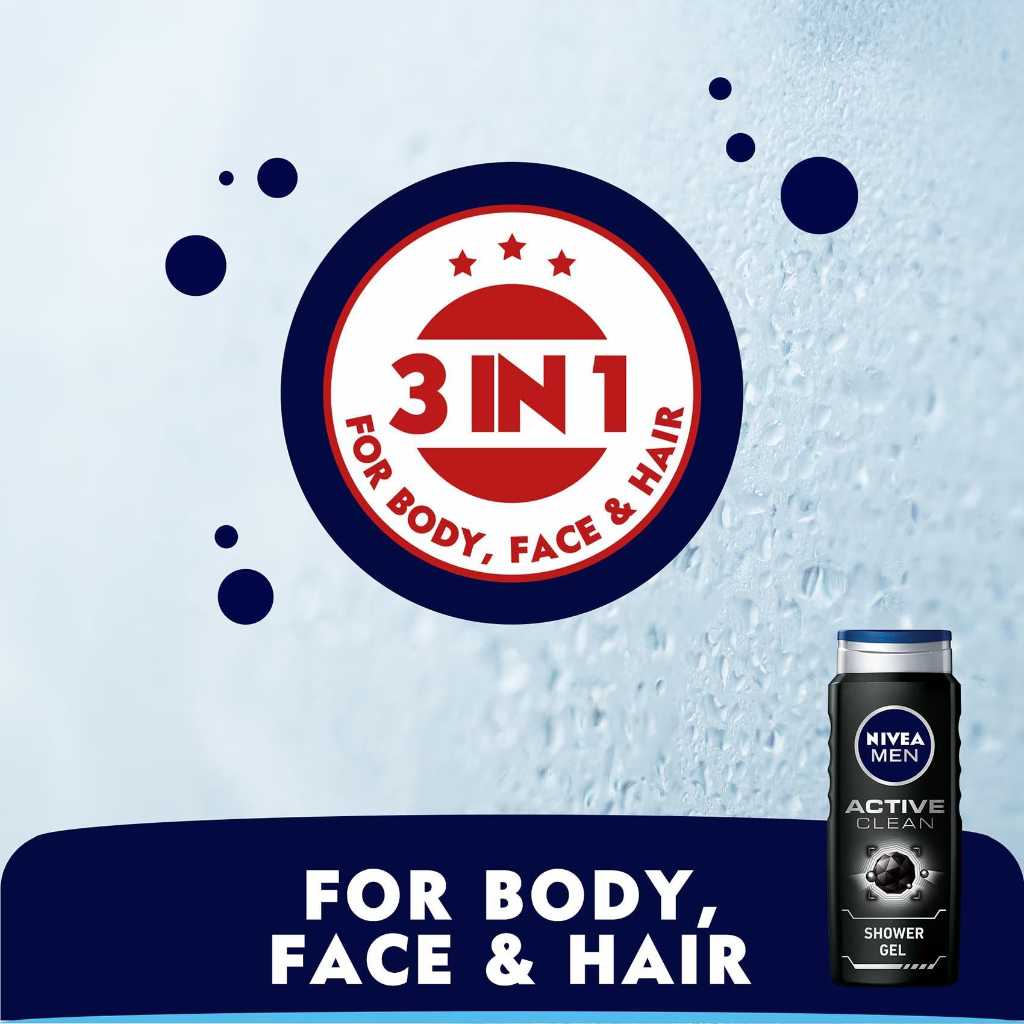Nivea Men, 3in1 Shower Gel Active Clean, Body, face and hair cleansing gel, 500 ml