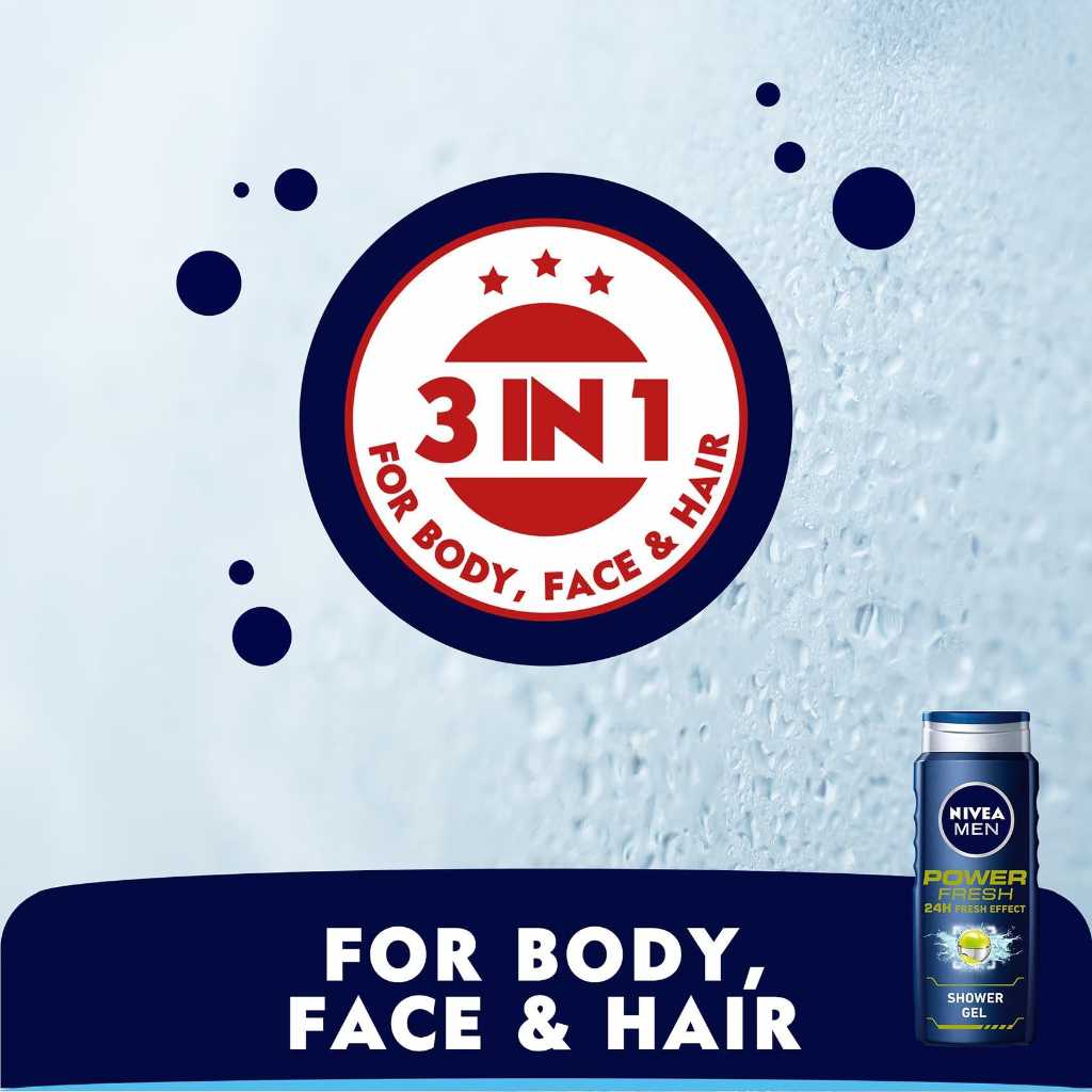 Nivea Men, 3-in-1 Shower Gel Power Fresh, Refreshing shower gel for body, face, and hair, 500ml