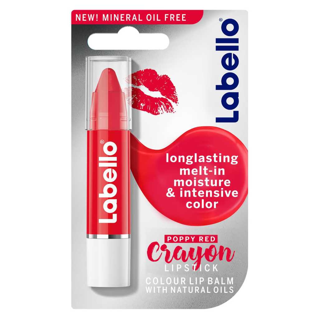 Labello, Poppy Red Crayon Lipstick, Bold moisturizing lipstick with rich color, 3 g